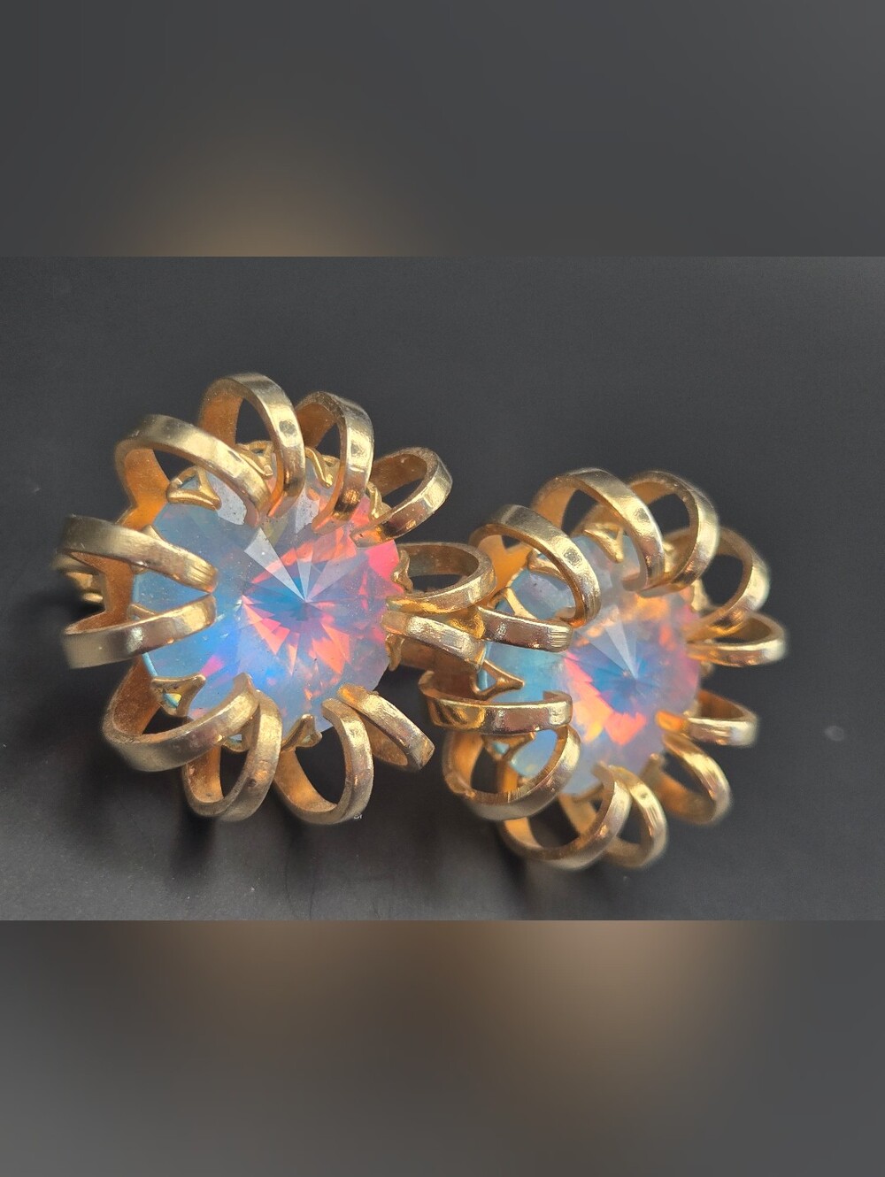 Vintage 1969 Sarah Coventry Gold Plated Mystic Blue Crystal Clip-On Earrings